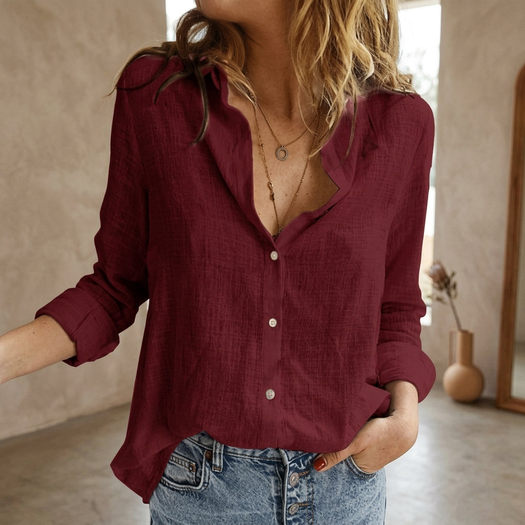 Model wearing wine red cotton long sleeve shirt