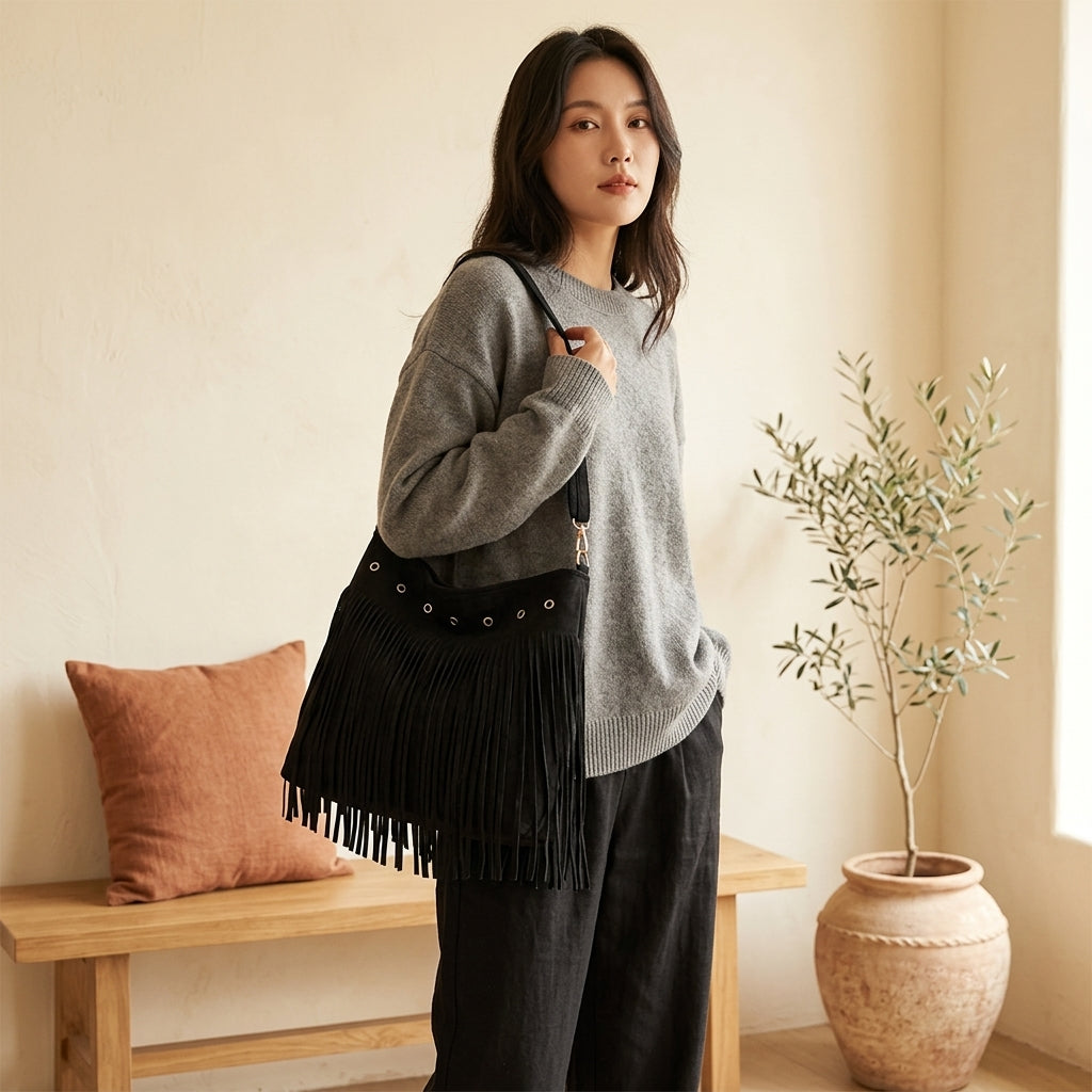 Model wearing black faux suede fringe shoulder bag