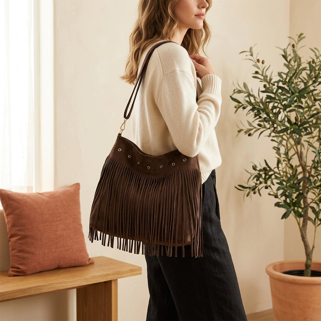 Model wearing coffee faux suede fringe shoulder bag