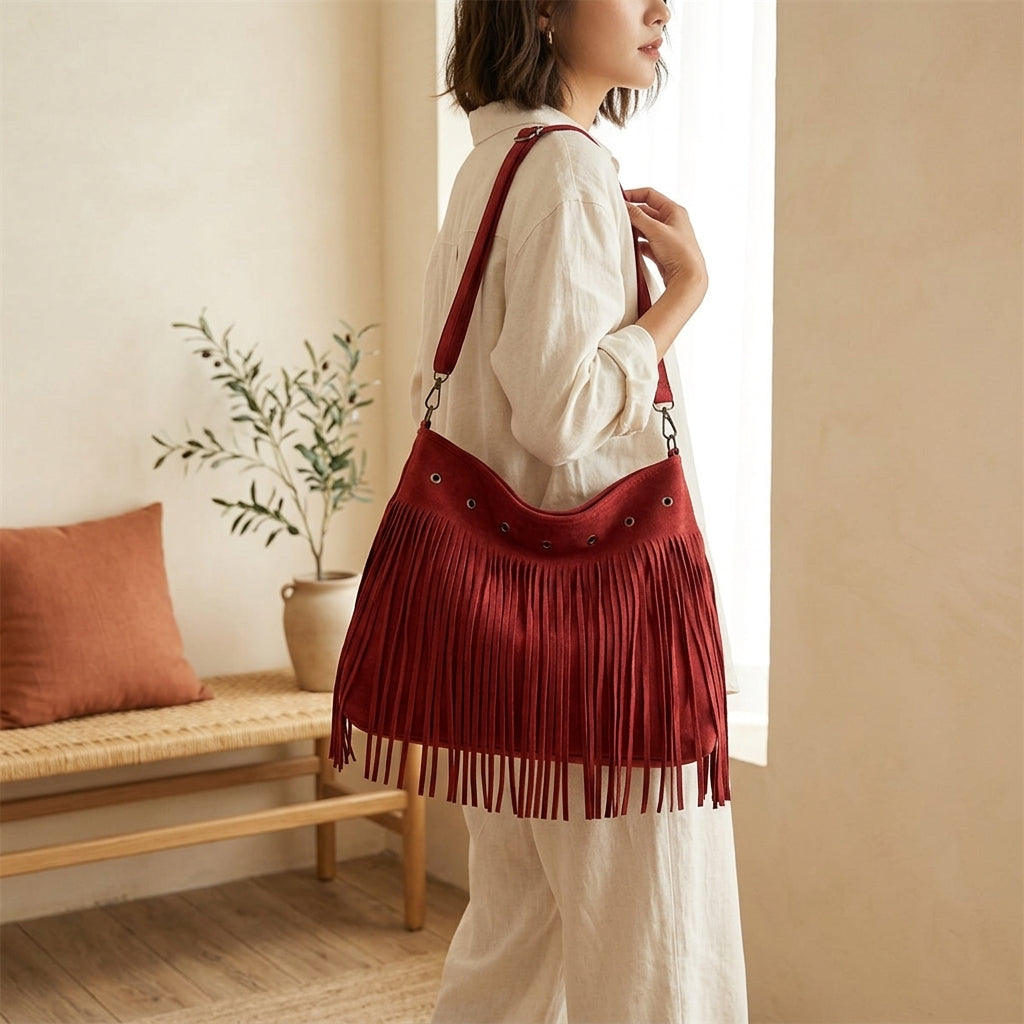 Model wearing red faux suede fringe shoulder bag