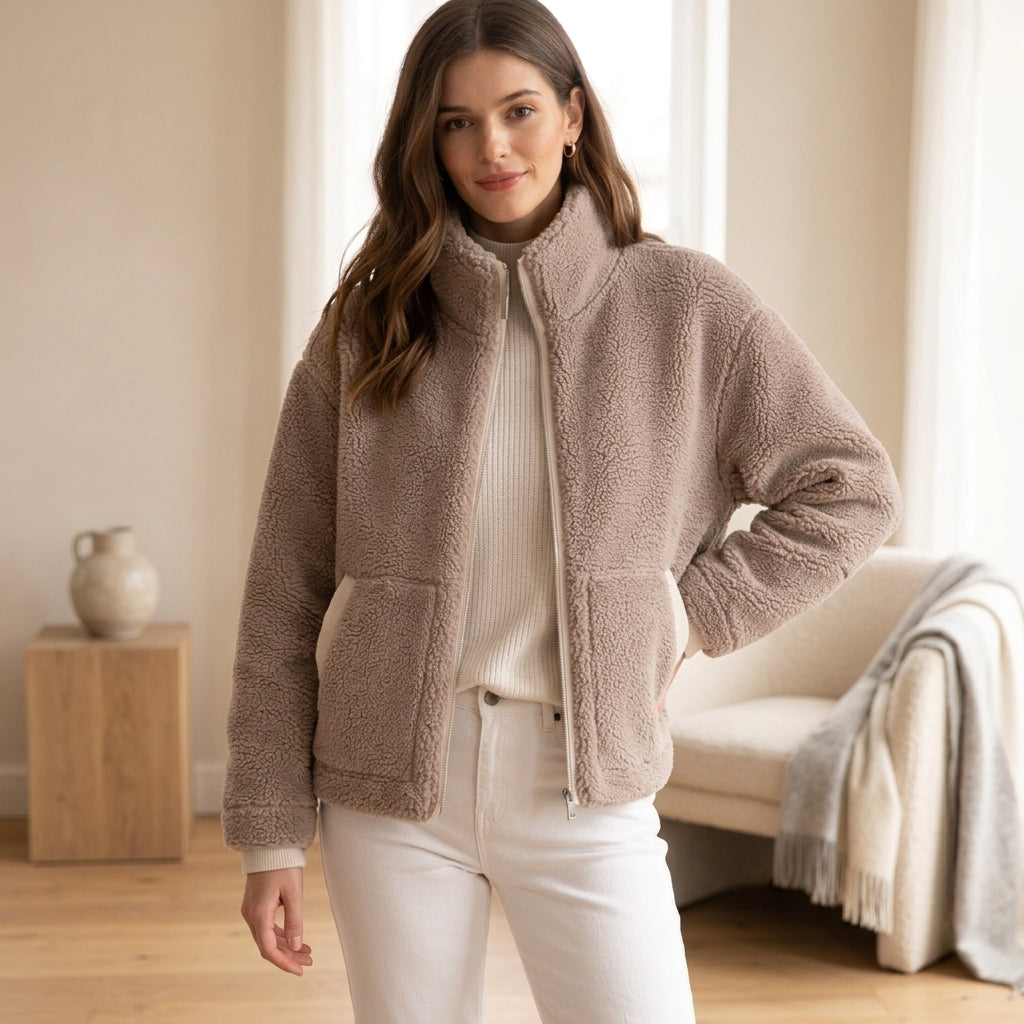 Model wearing beige oversized fleece jacket
