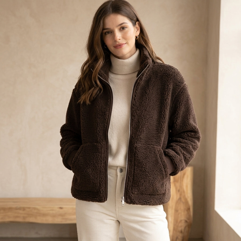 Model wearing coffee oversized fleece jacket