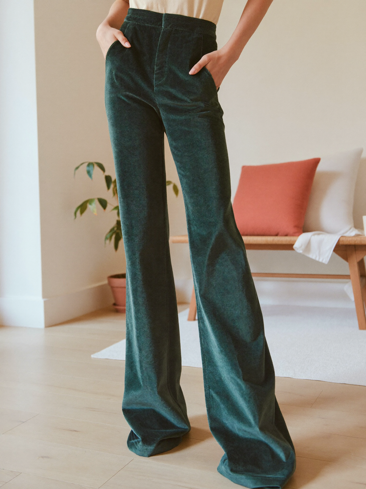 Model wearing dark green flared trousers, posing