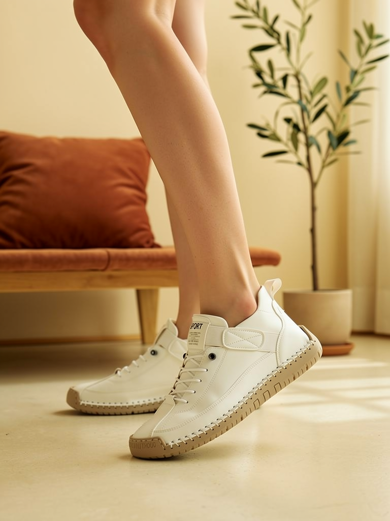Model wearing white Mia sneakers