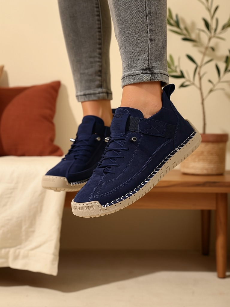 Model wearing navy Mia sneakers