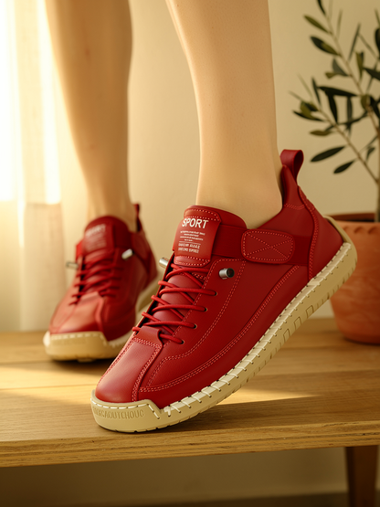 Model wearing red Mia sneakers