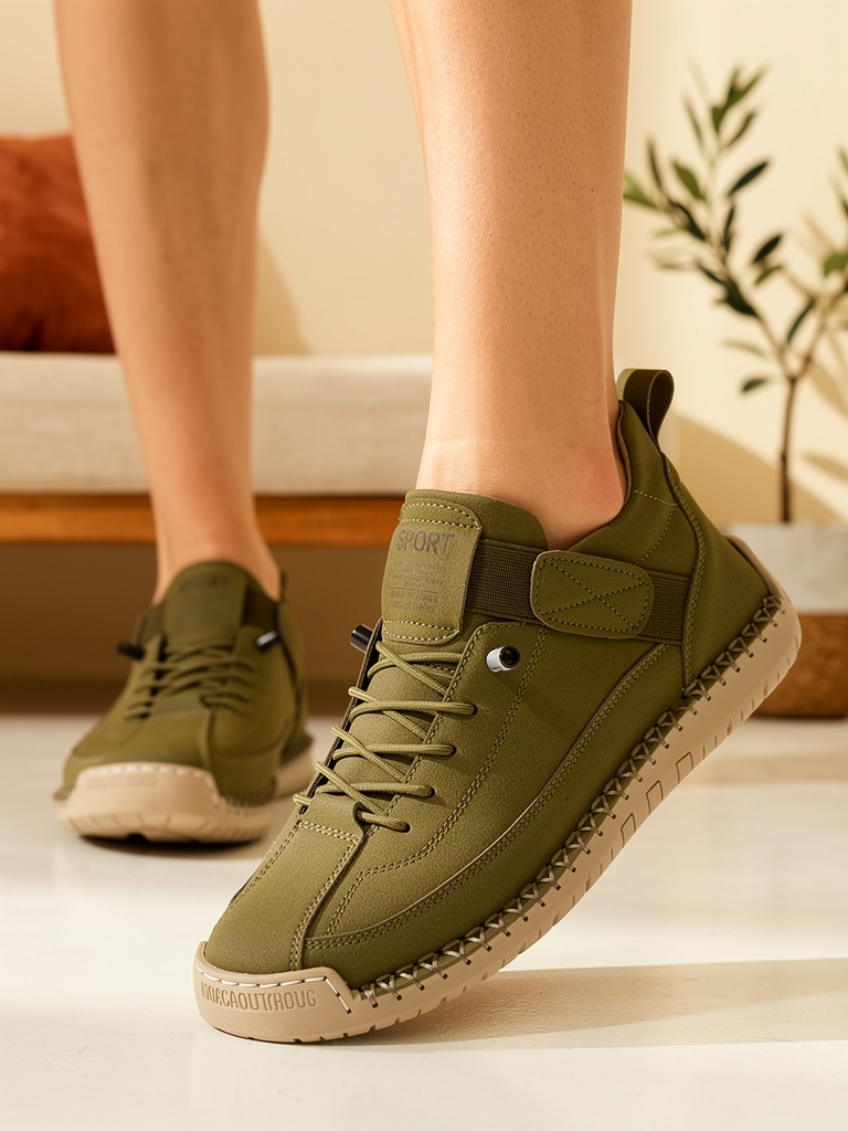 Model wearing khaki Mia sneakers