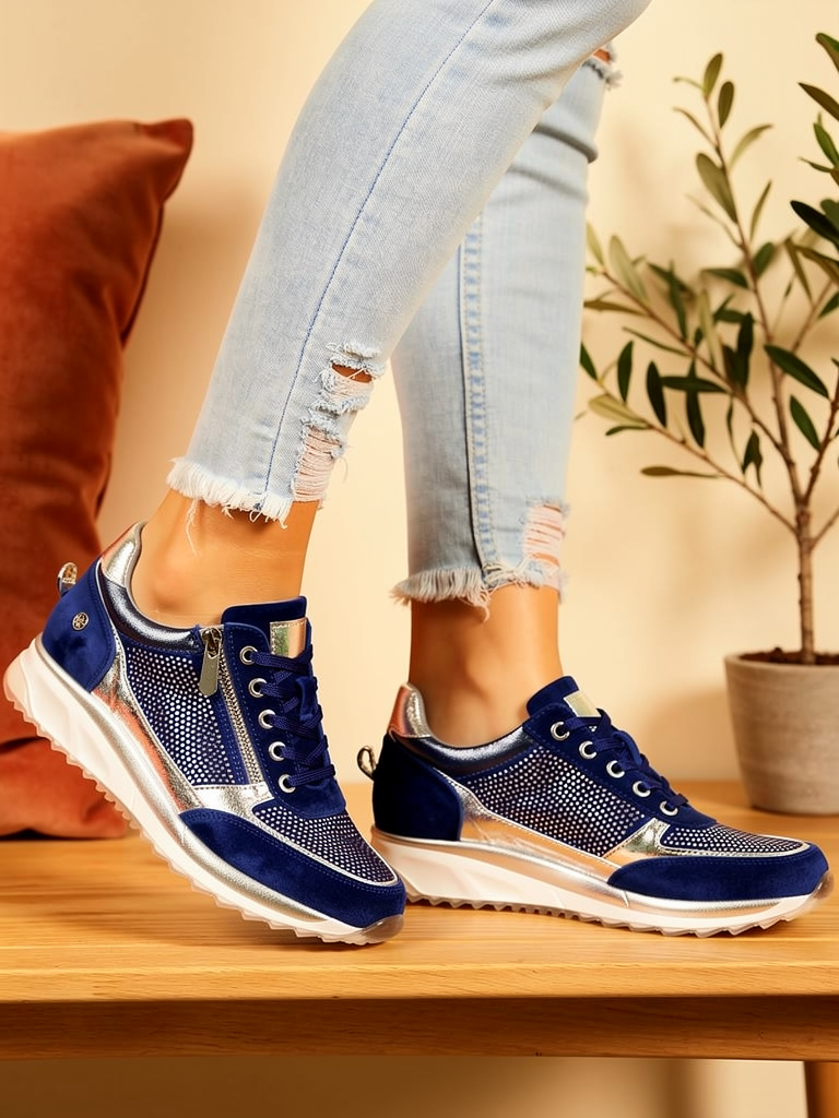 Model wearing blue Comfort Step sneakers