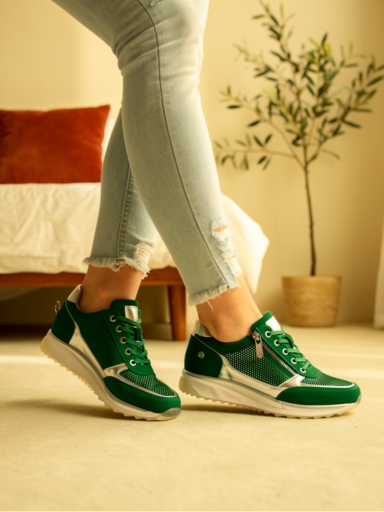 Model wearing green Comfort Step sneakers