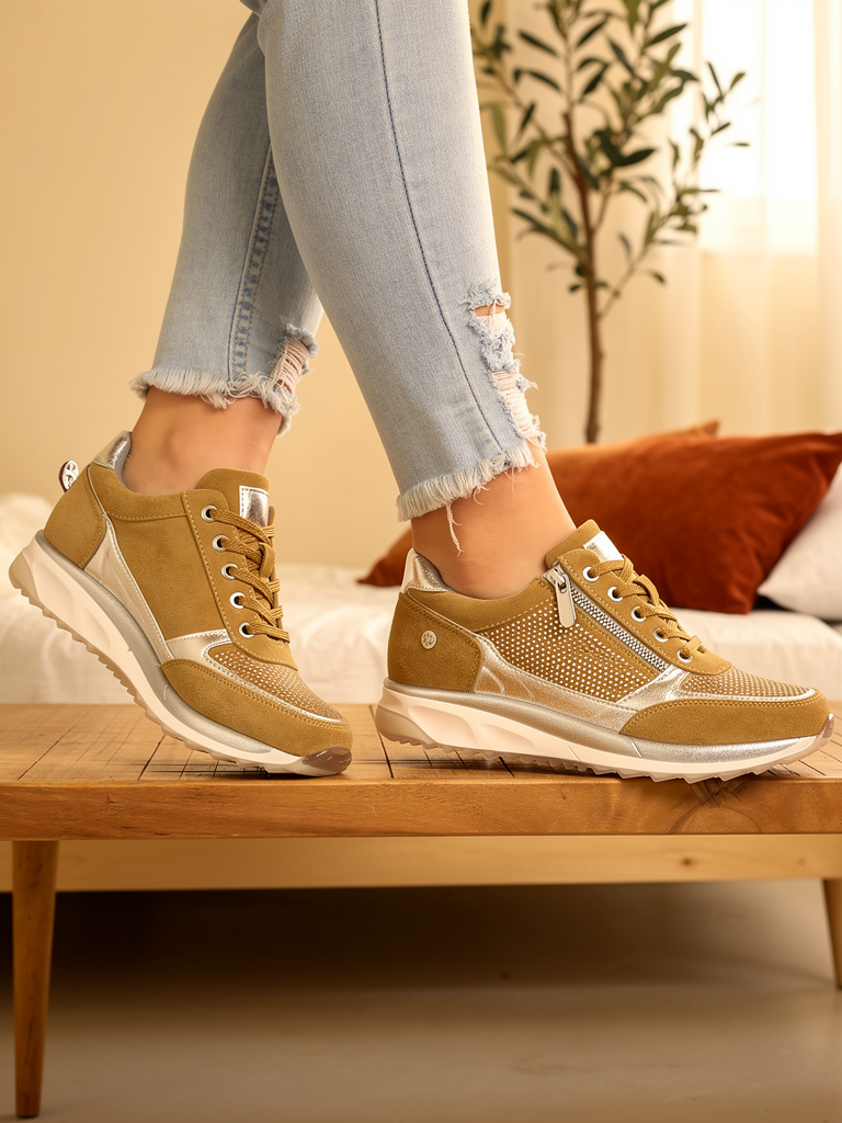 Model wearing khaki Comfort Step sneakers