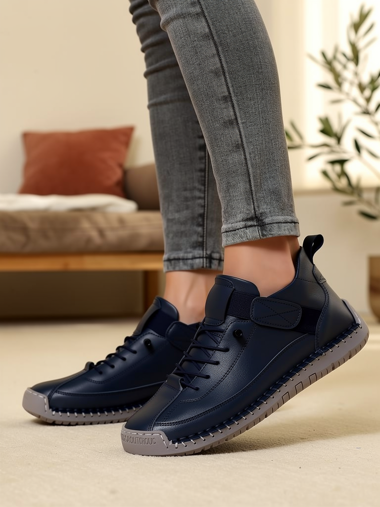 Model wearing blue Mia sneakers