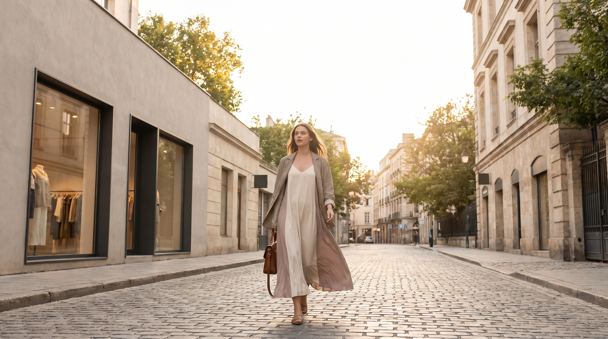 Woman walking in an elegant flowing dress, golden hour city street