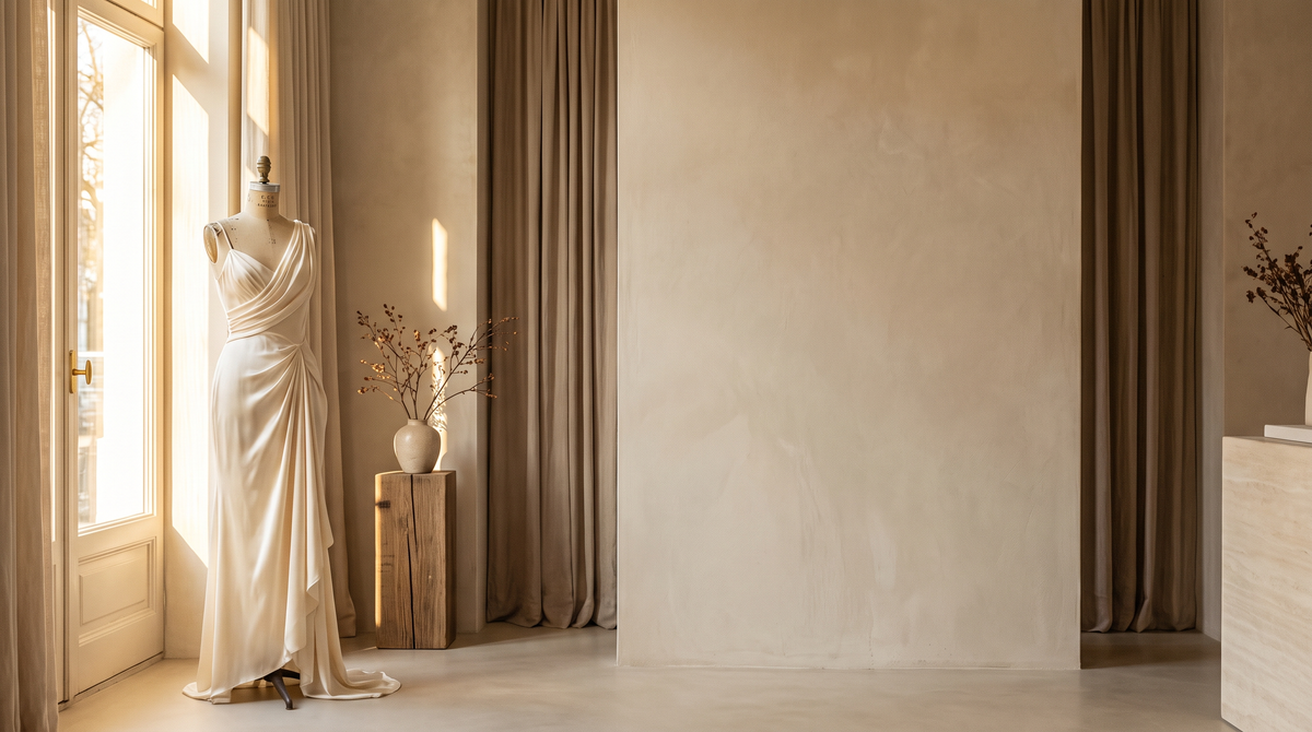 Elegant boutique interior with flowing dress on display, warm light