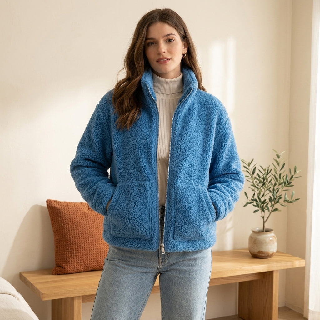 High Collar Fleece Jacket - Azure, styled lifestyle photo