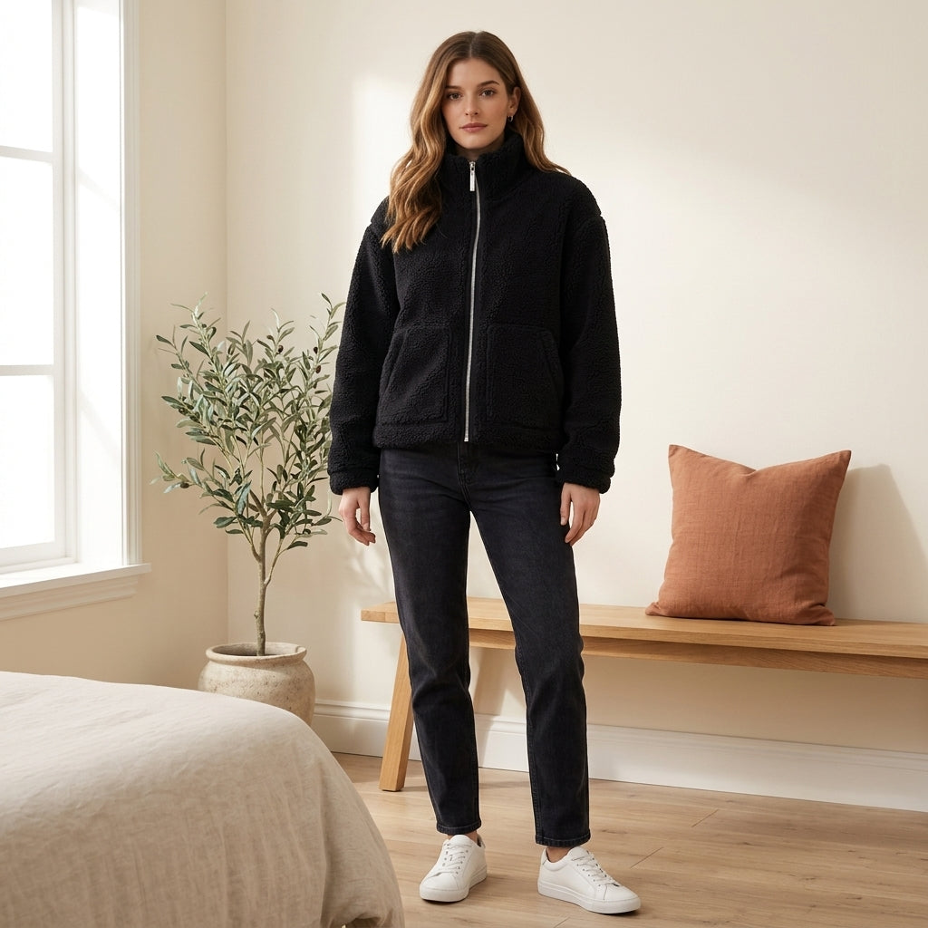 High Collar Fleece Jacket - Black, styled lifestyle photo