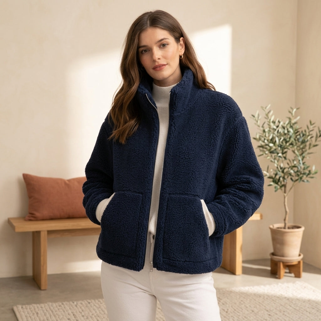 High Collar Fleece Jacket - Dark Blue, styled lifestyle photo