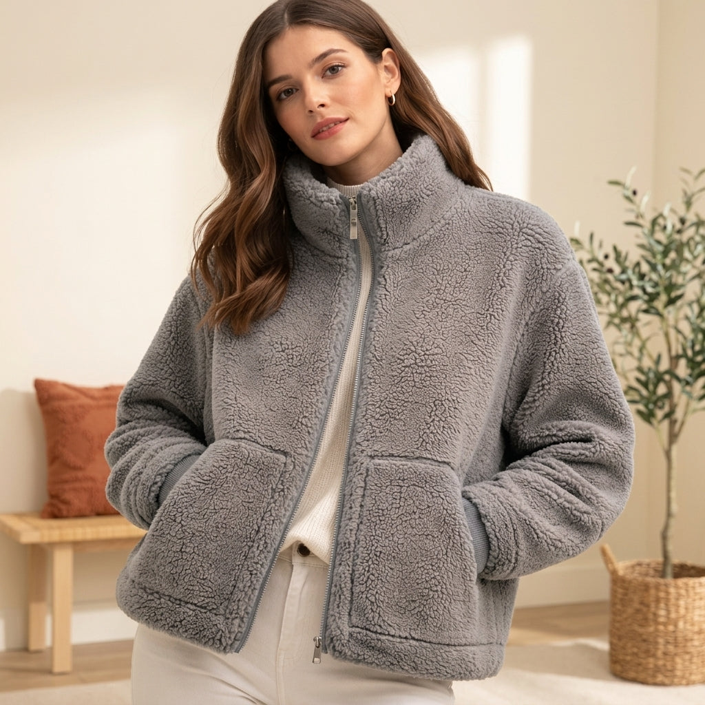 High Collar Fleece Jacket - Gray, styled lifestyle photo
