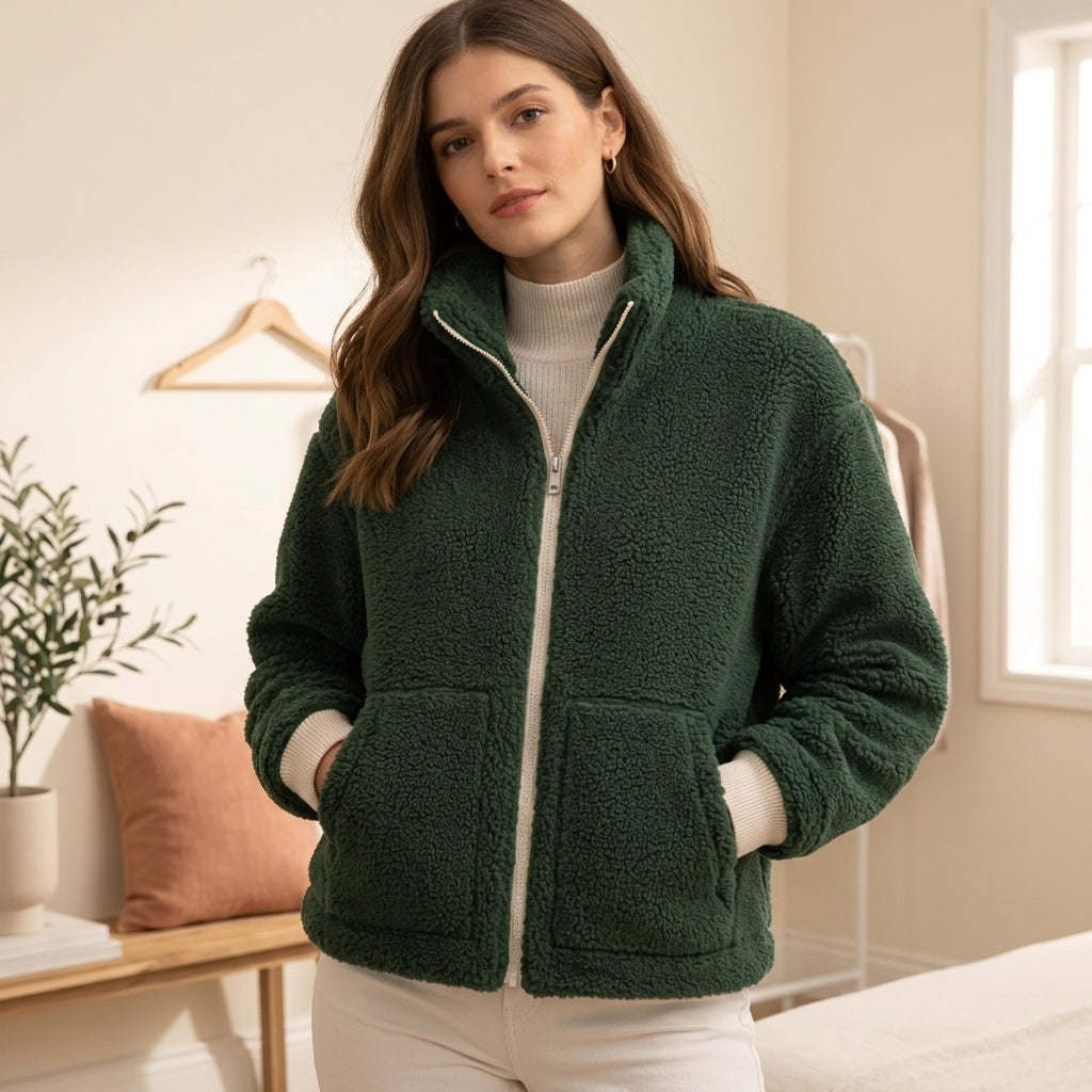 High Collar Fleece Jacket - Green, styled lifestyle photo