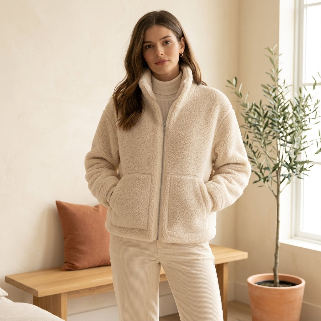 High Collar Fleece Jacket - Ivory, styled lifestyle photo
