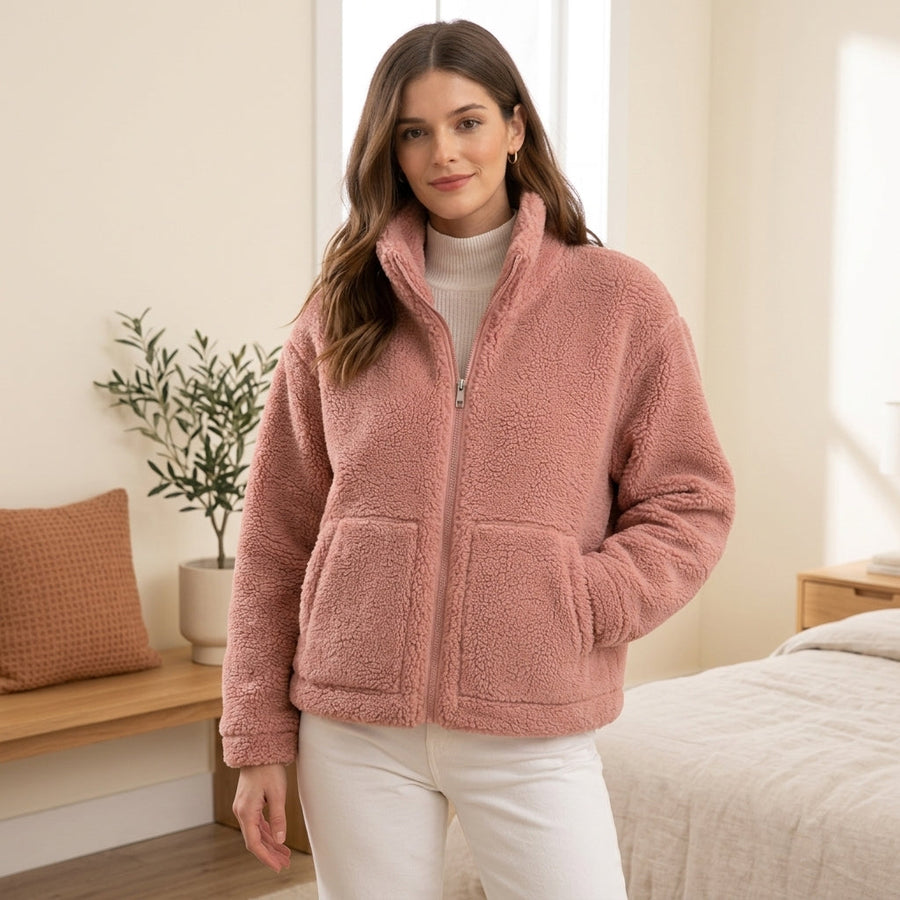 High Collar Fleece Jacket - Pink, styled lifestyle photo