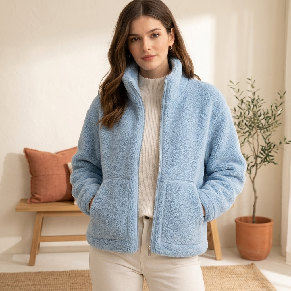 High Collar Fleece Jacket - Sky Blue, styled lifestyle photo