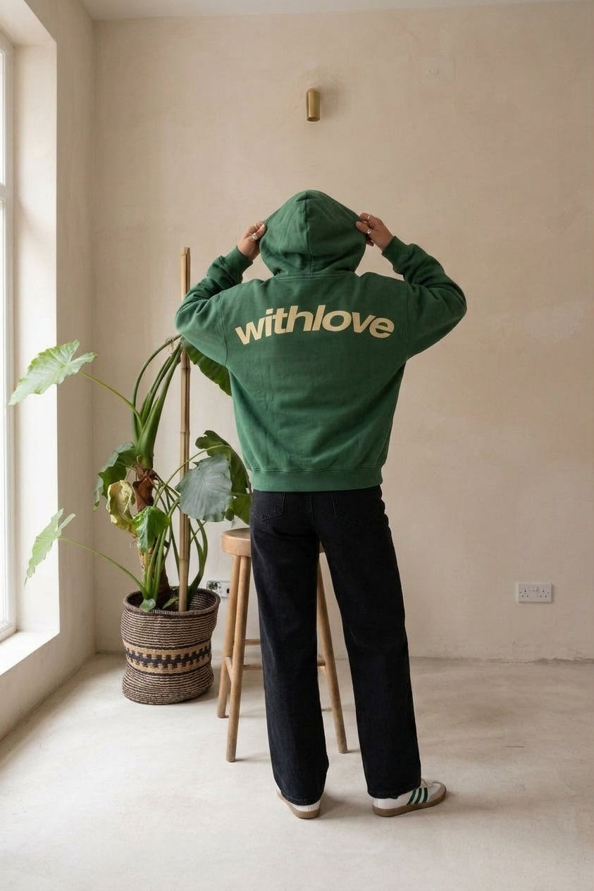 Model wearing green oversized hoodie