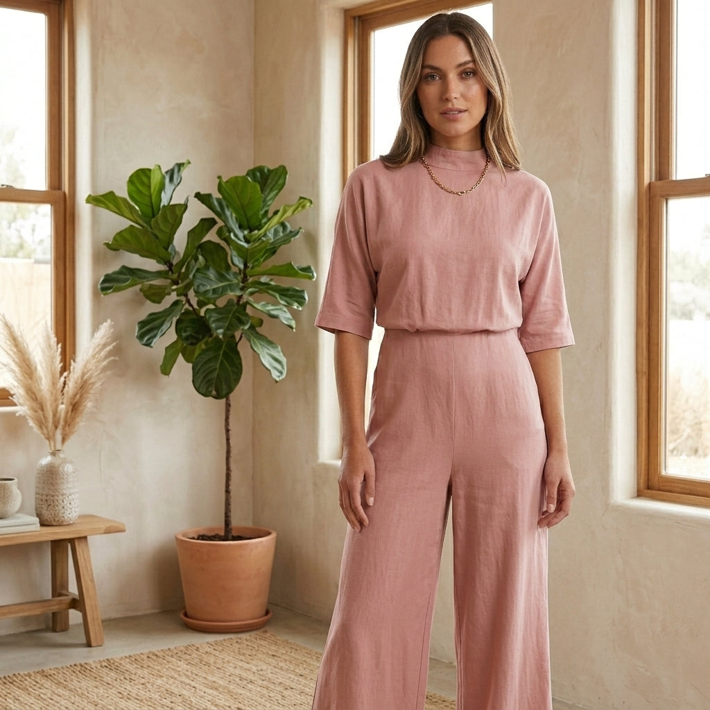 Model wearing pink mock neck jumpsuit