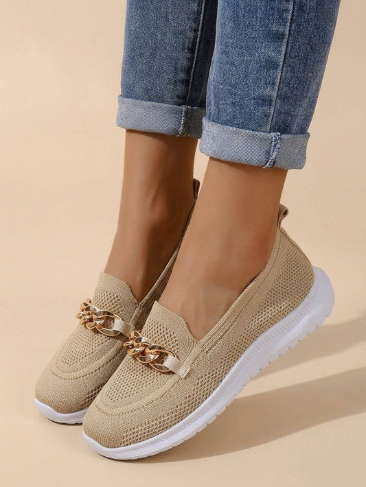 Khaki knit slip-on sneaker with gold chain accent