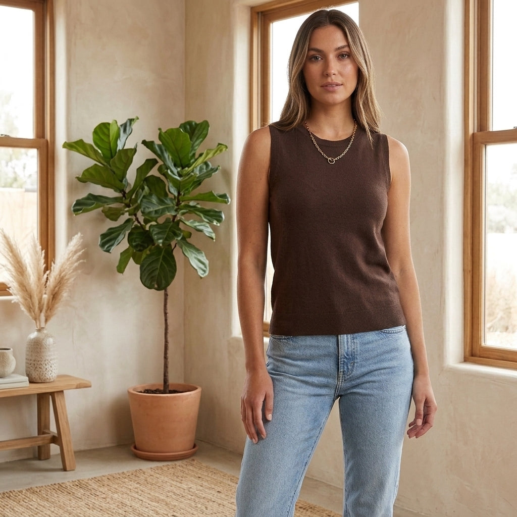 Model wearing dark brown knit crew neck tank top