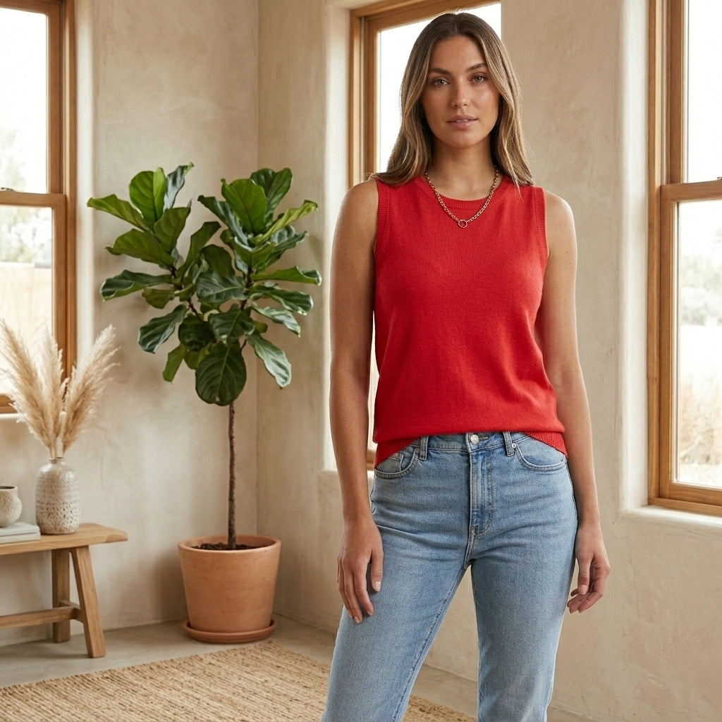 Model wearing red knit crew neck tank top