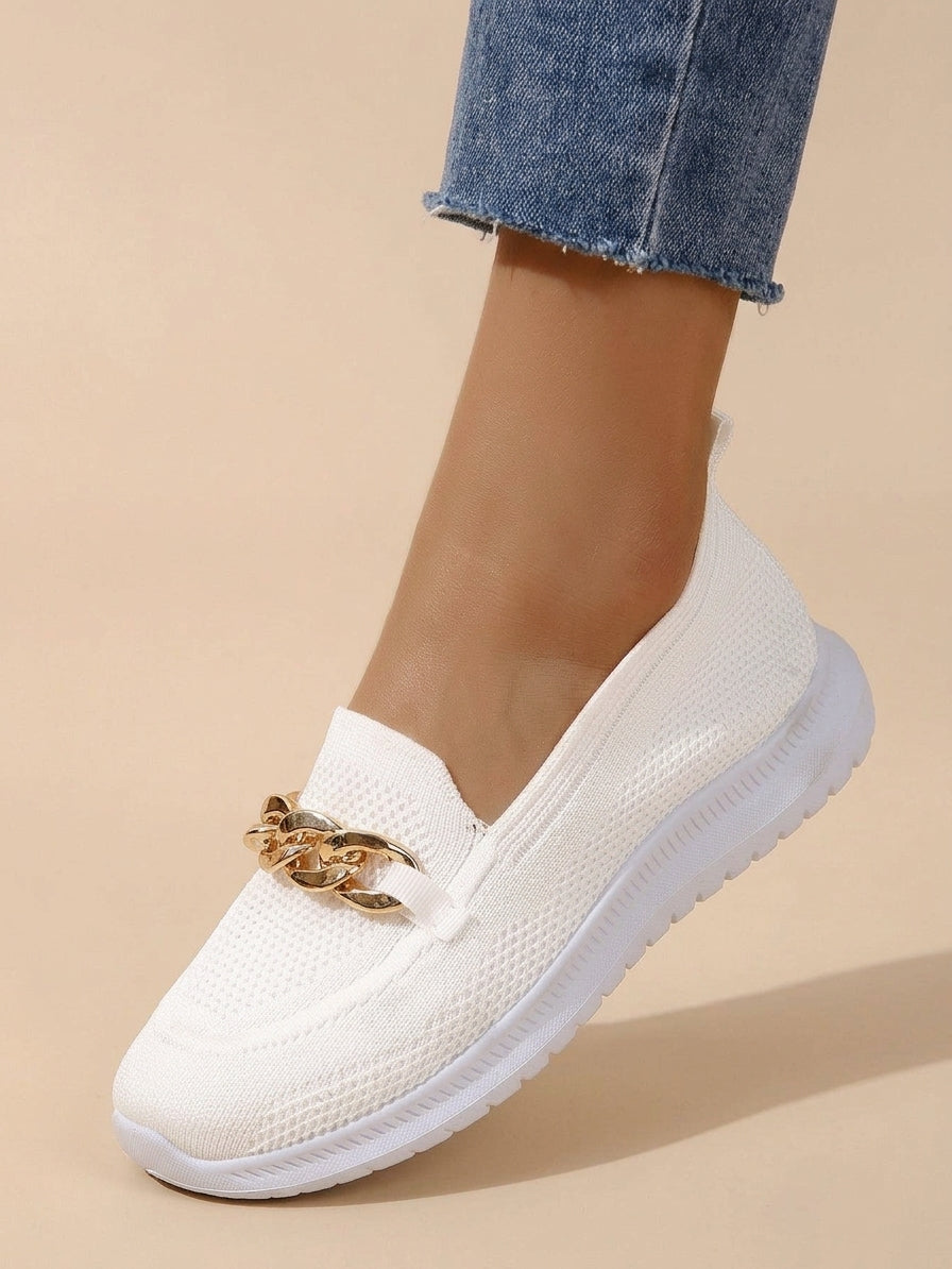 White knit slip-on sneaker with gold chain accent