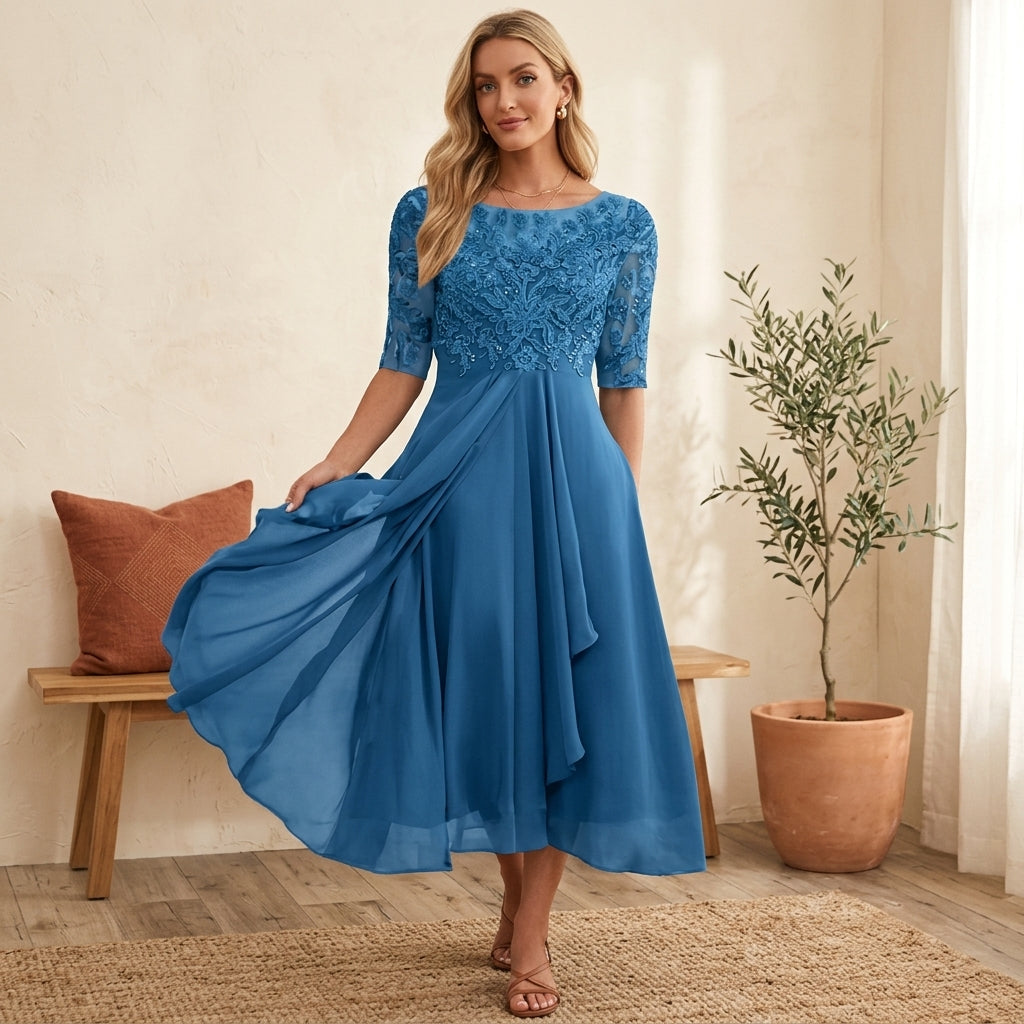 Elegant Lace Bodice Dress - Azure, styled lifestyle photo