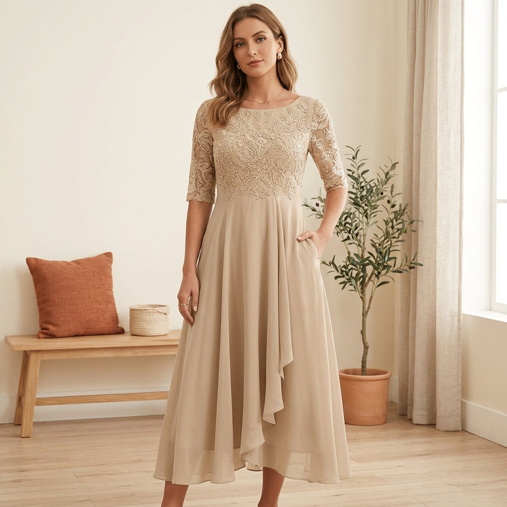 Elegant Lace Bodice Dress - Beige, styled lifestyle photo