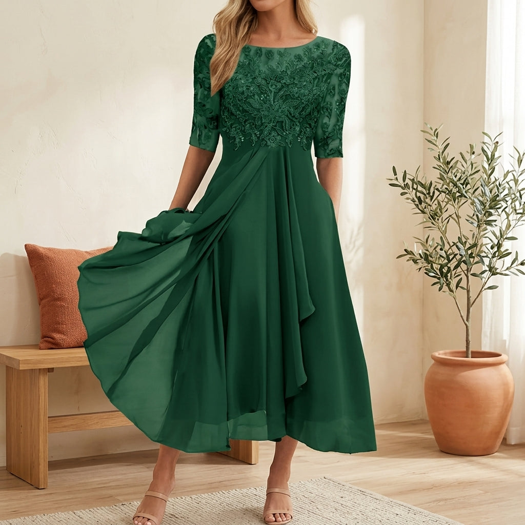 Elegant Lace Bodice Dress - Green, styled lifestyle photo