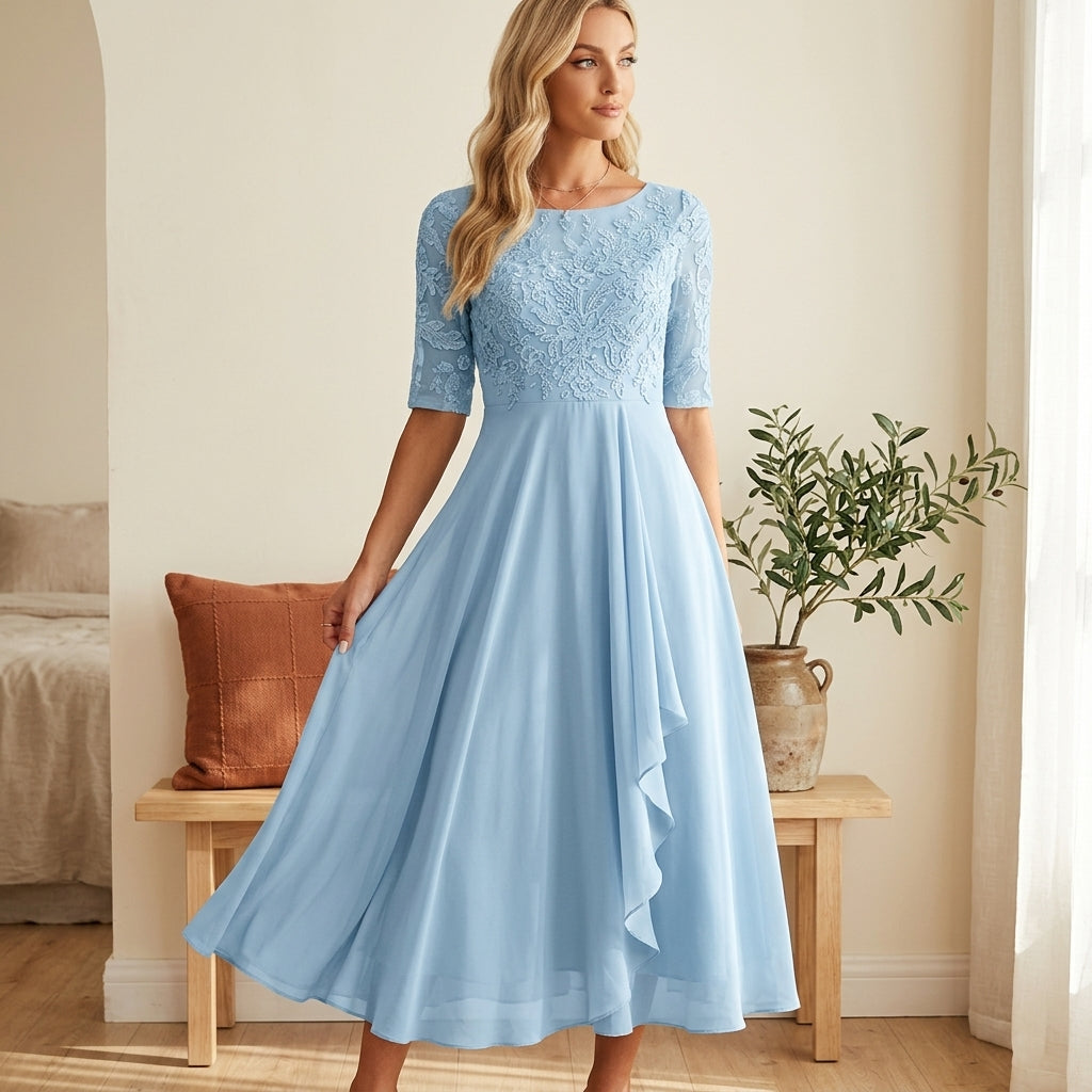 Elegant Lace Bodice Dress - Light Blue, styled lifestyle photo