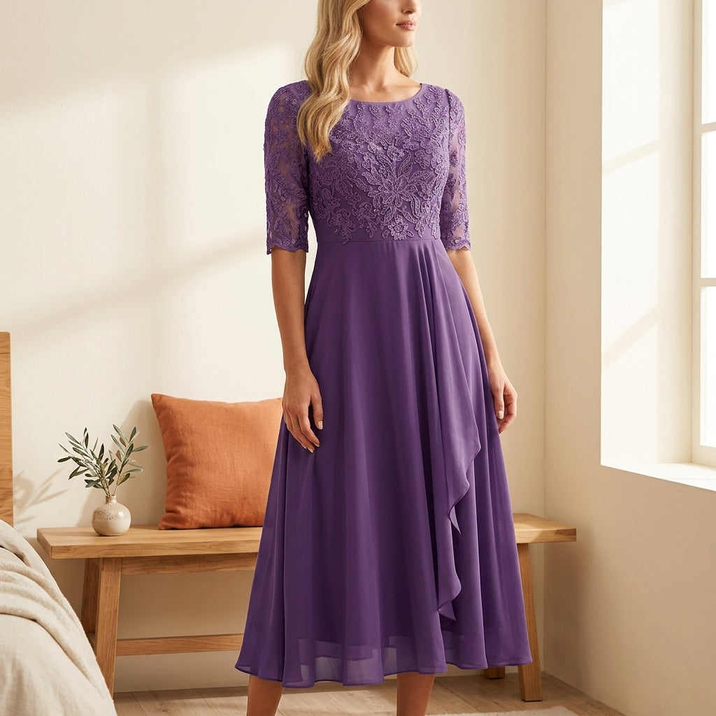 Elegant Lace Bodice Dress - Purple, styled lifestyle photo