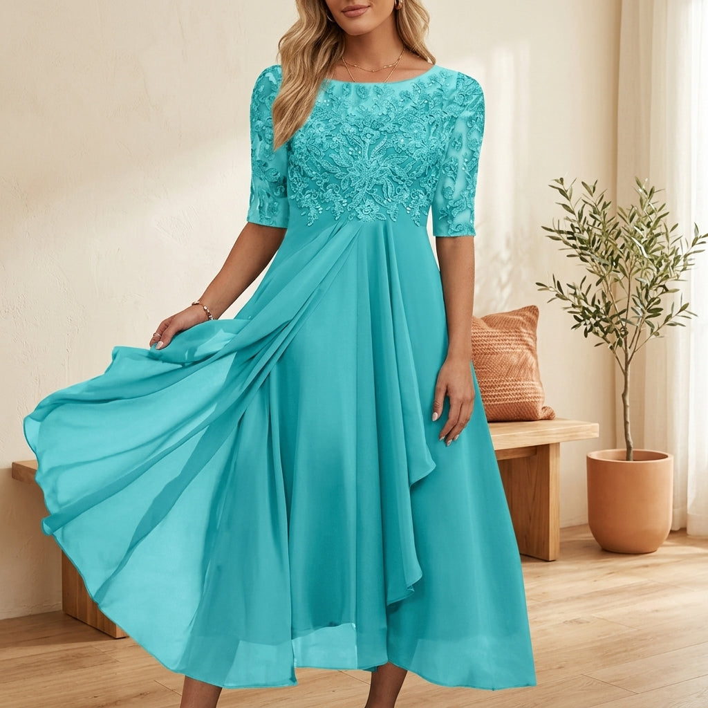 Elegant Lace Bodice Dress - Turquoise, styled lifestyle photo