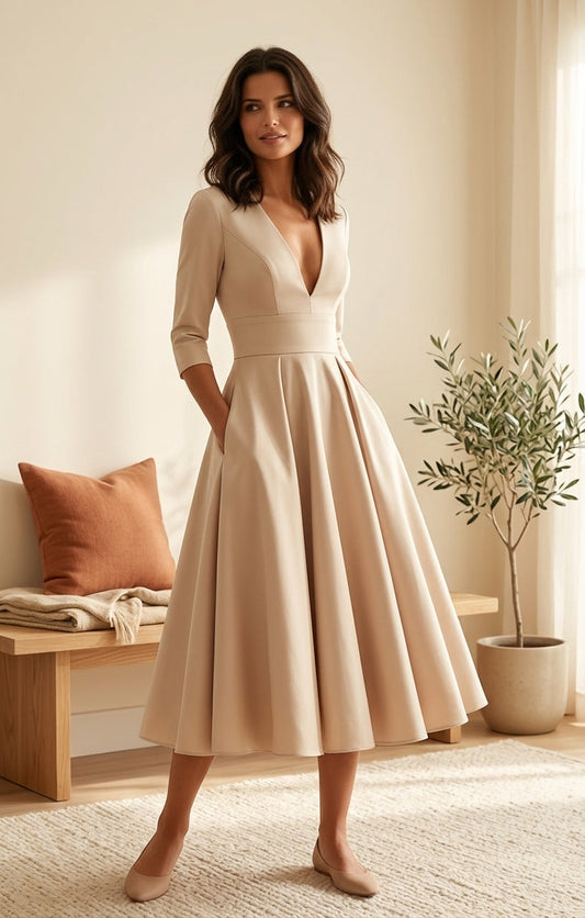 Lani Midi Dress - Beige, styled lifestyle photo