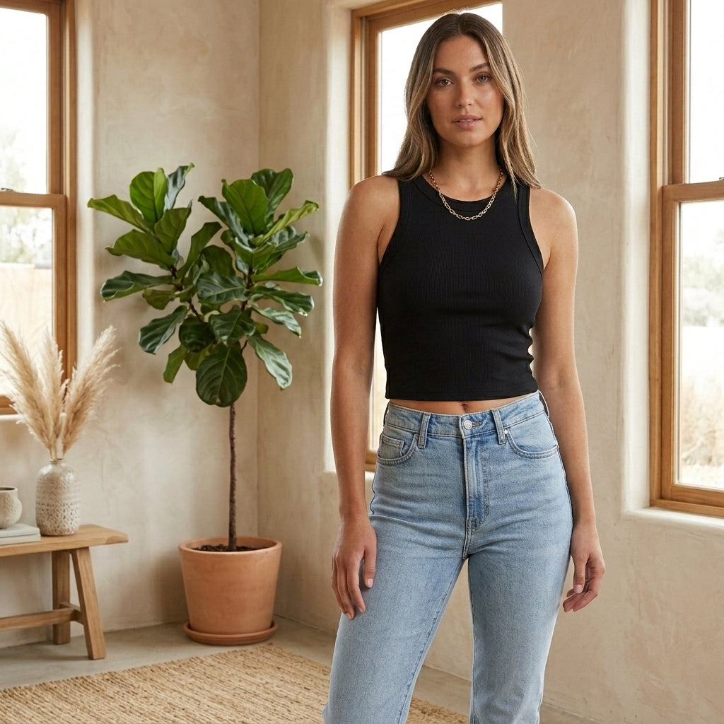 Model wearing black ribbed tank top