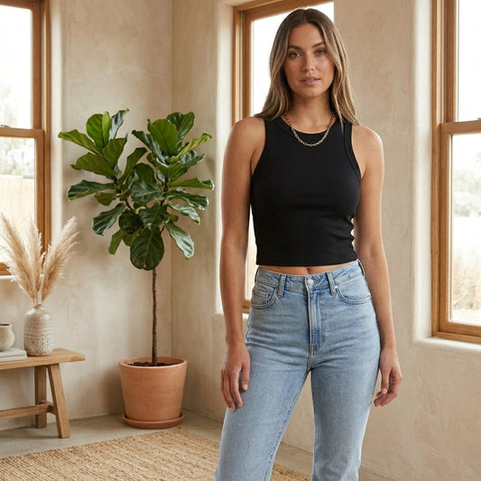 Model wearing black ribbed tank top