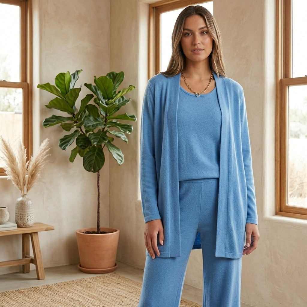 Model wearing azure three-piece loungewear set