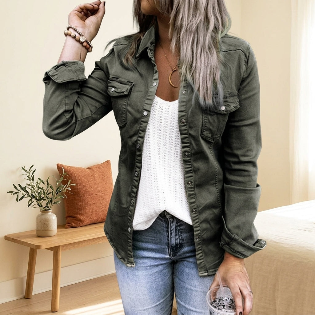 Luna Denim Jacket - Army Green, styled lifestyle photo
