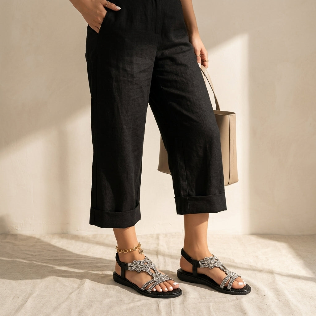 Model wearing black orthopedic sandals