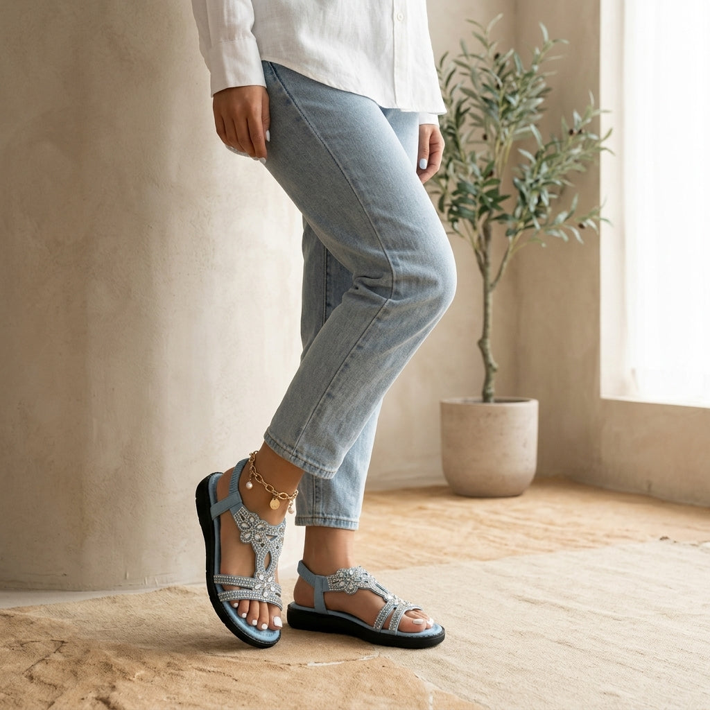 Model wearing light blue orthopedic sandals