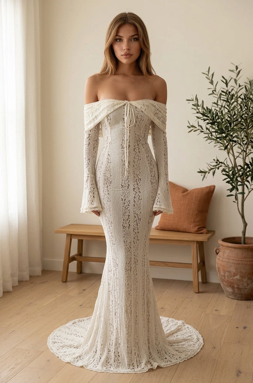 Off-Shoulder Lace Maxi Dress - White, styled lifestyle photo