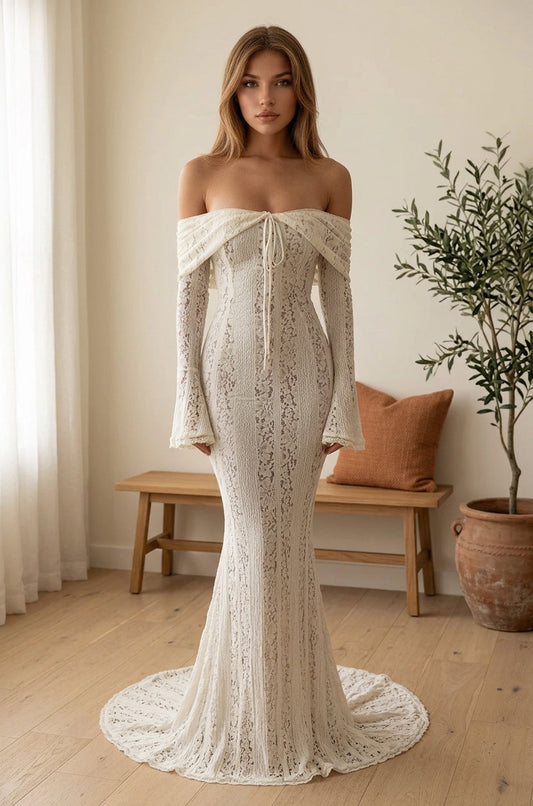 Off-Shoulder Lace Maxi Dress - White, styled lifestyle photo
