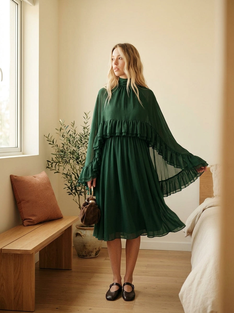 Model wearing dark green ruffle mock neck dress