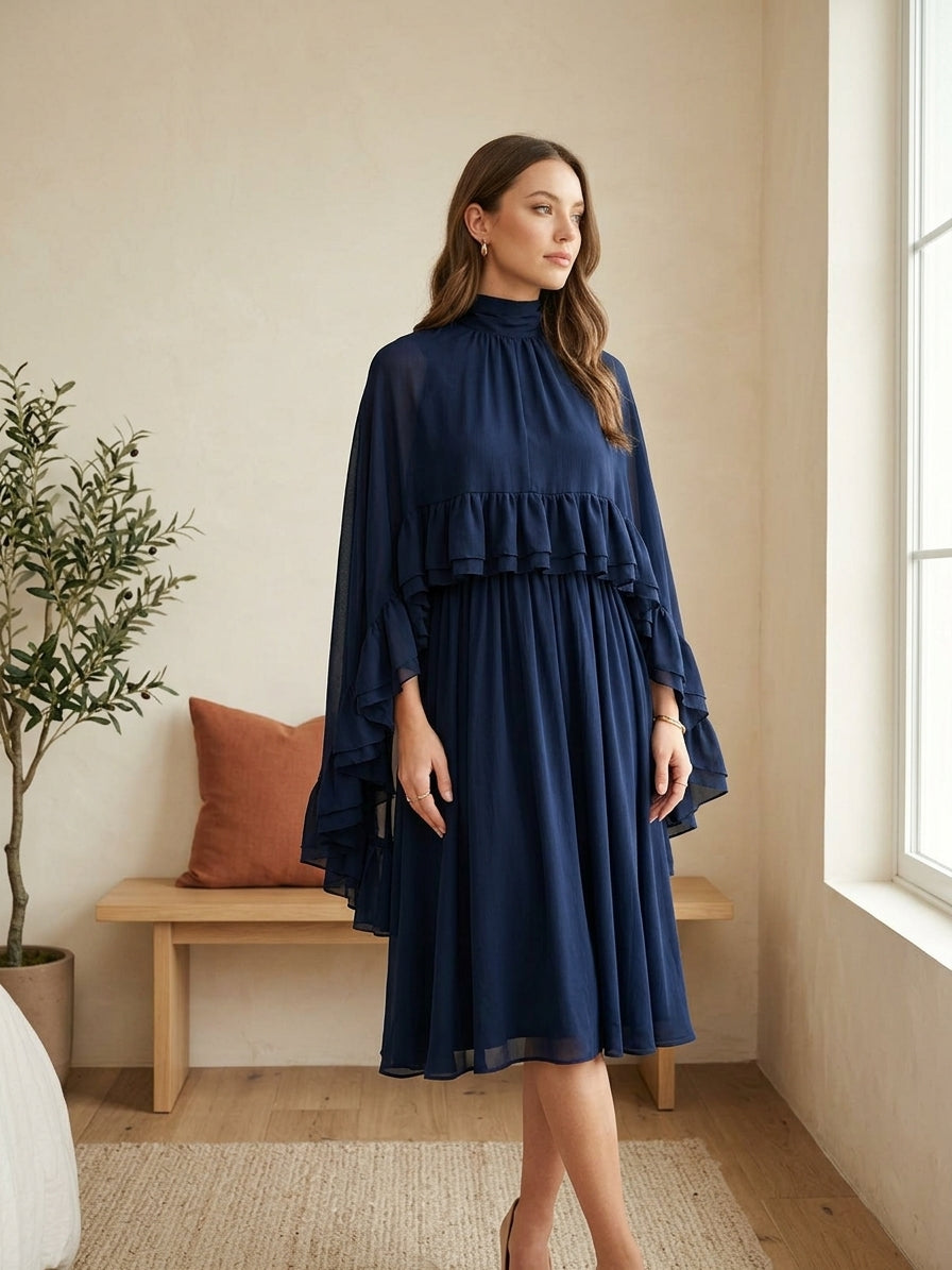 Model wearing navy ruffle mock neck dress