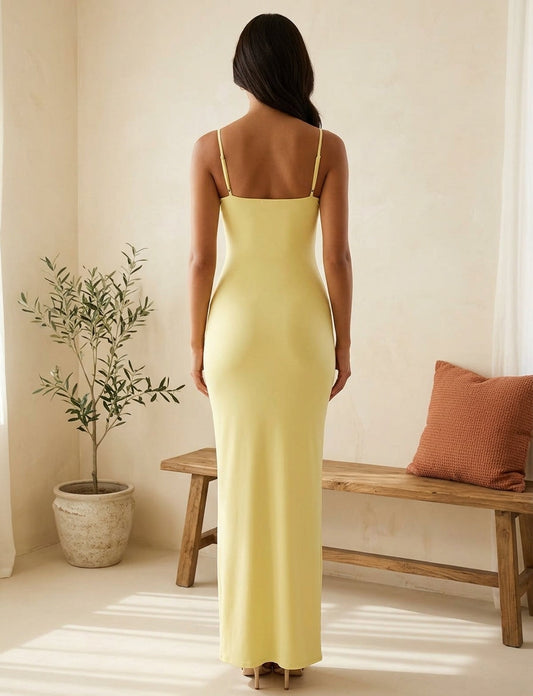 Model wearing yellow maxi dress