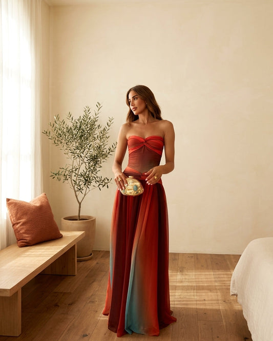 Model wearing red ombre maxi dress